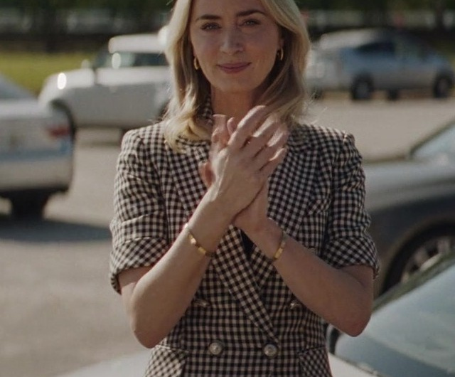 Black and White Gingham Short Sleeved Double-Breasted Blazer of Emily Blunt as Liza Drake