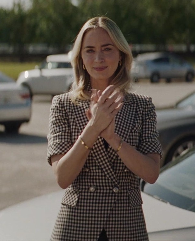 Worn on Pain Hustlers (2023) Movie - Black and White Gingham Short Sleeved Double-Breasted Blazer of Emily Blunt as Liza Drake