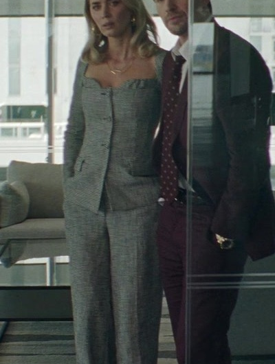 Sweetheart-Neck Belted Jacket and Wide Leg Pants Set of Emily Blunt as Liza Drake