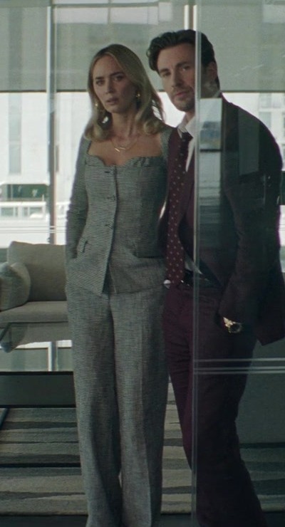 Sweetheart-Neck Belted Jacket and Wide Leg Pants Set of Emily Blunt as Liza Drake