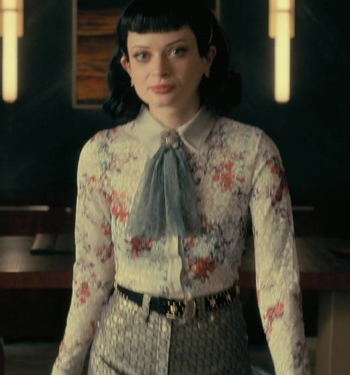 Floral Lace Collared Blouse with Bow Accent Worn by Ruth Codd as Juno Usher
