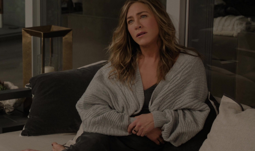 Gray Textured Cable-Knit Cardigan Worn by Jennifer Aniston as Alexandra “Alex” Levy