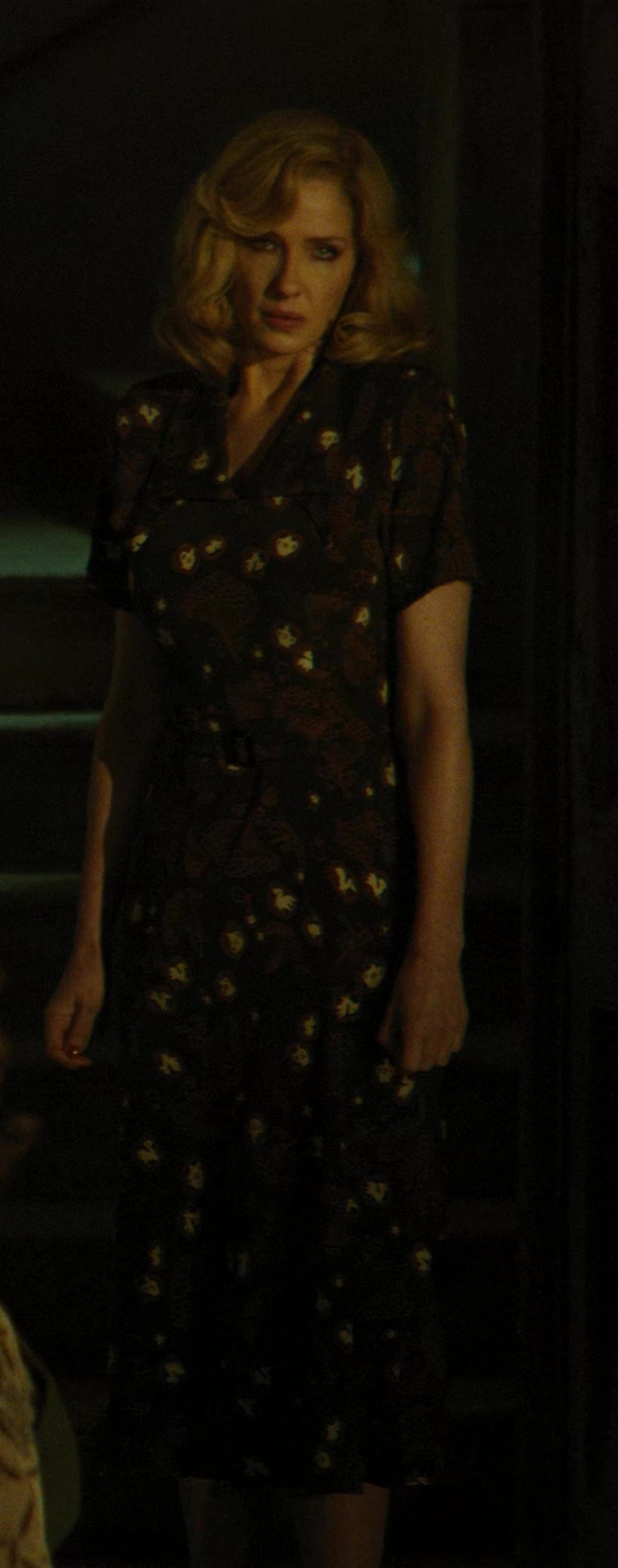 Worn on A Haunting in Venice (2023) Movie - V-Neck Midi Dress with Short Sleeves and Waist Belt of Kelly Reilly as Rowena Drake
