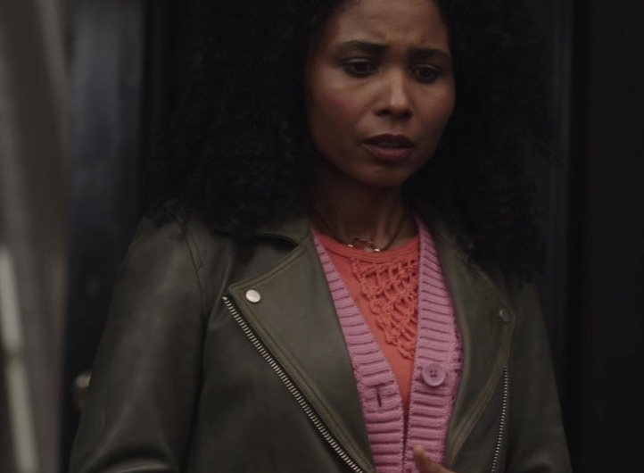 Green Leather Biker Jacket Worn by Wonser De-Gbon as Tara Moore