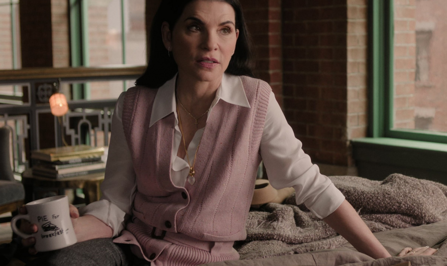 Blush Pink Knitted Button-Up Vest with Waist Belt Worn by Julianna Margulies as Laura Peterson