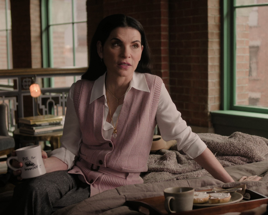 Blush Pink Knitted Button-Up Vest with Waist Belt Worn by Julianna Margulies as Laura Peterson