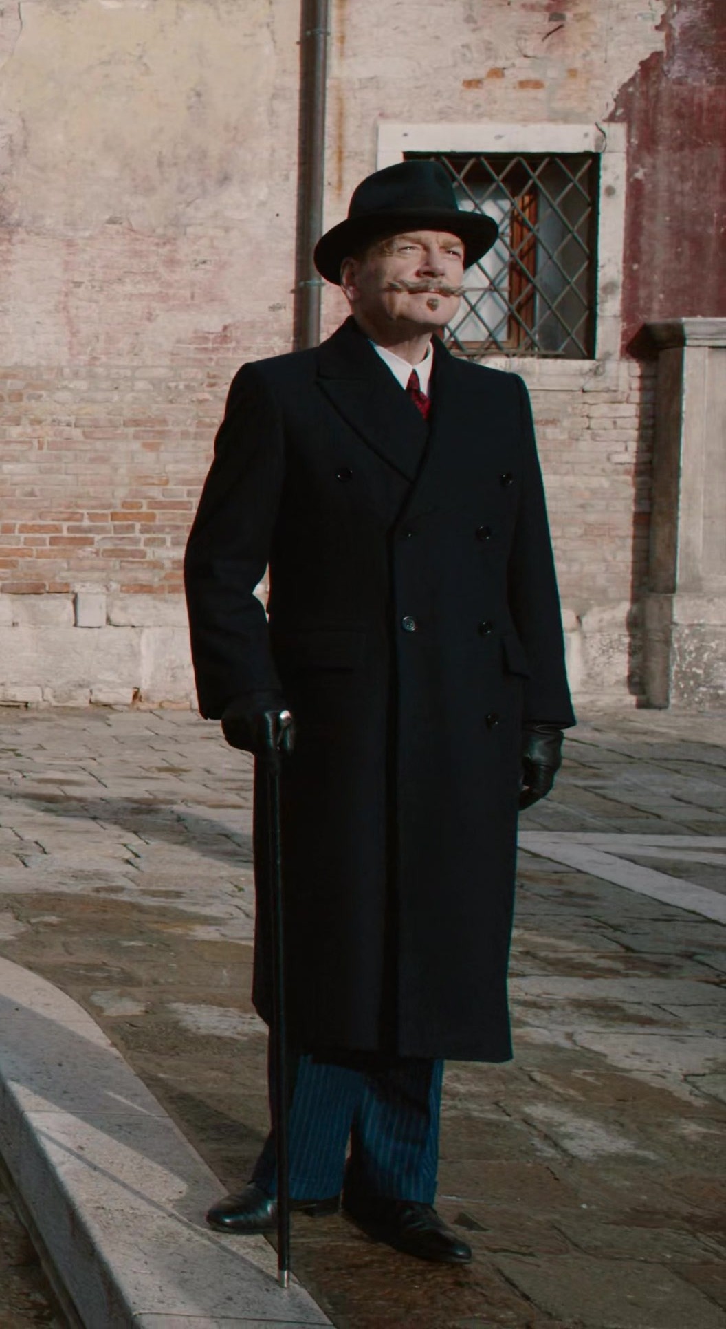 Worn on A Haunting in Venice (2023) Movie - Black Double-Breasted Coat of Kenneth Branagh as Hercule Poirot