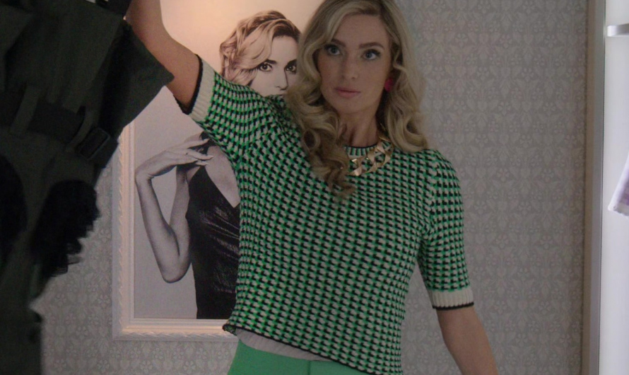 Green Geometric Pattern Short Sleeve Sweater of Allegra Edwards as Ingrid Kannerman