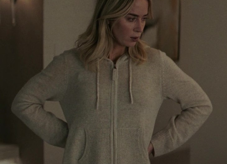 Heather Gray Zip-Up Knit Hoodie Worn by Emily Blunt as Liza Drake
