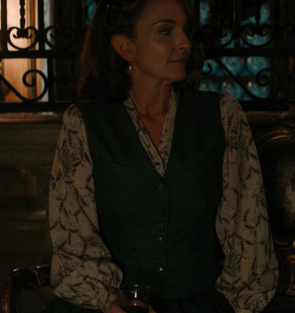 Worn on A Haunting in Venice (2023) Movie - Printed V-Neck Long Sleeved Blouse of Tina Fey as Ariadne Oliver
