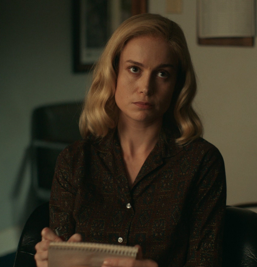 Brown Paisley Patterned Button-Up Shirt of Brie Larson as Elizabeth Zott