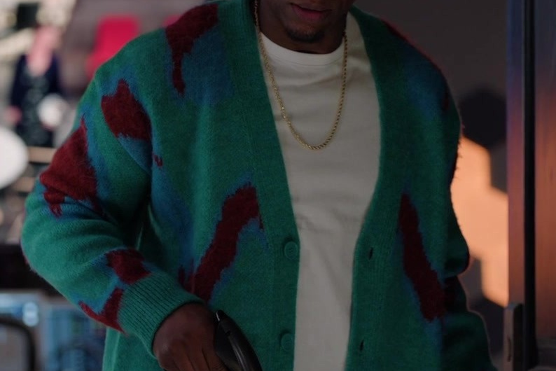 Sea Green Abstract Jacquard Cardigan Worn by Arlen Escarpeta as Zeke Wallace