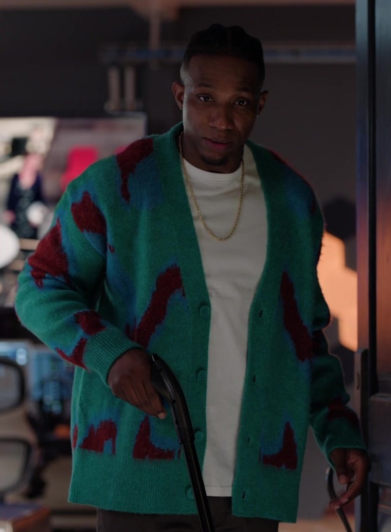 Sea Green Abstract Jacquard Cardigan Worn by Arlen Escarpeta as Zeke Wallace