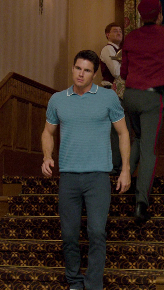 blue textured stripe polo shirt - Robbie Amell (Nathan Brown) - Upload TV Show