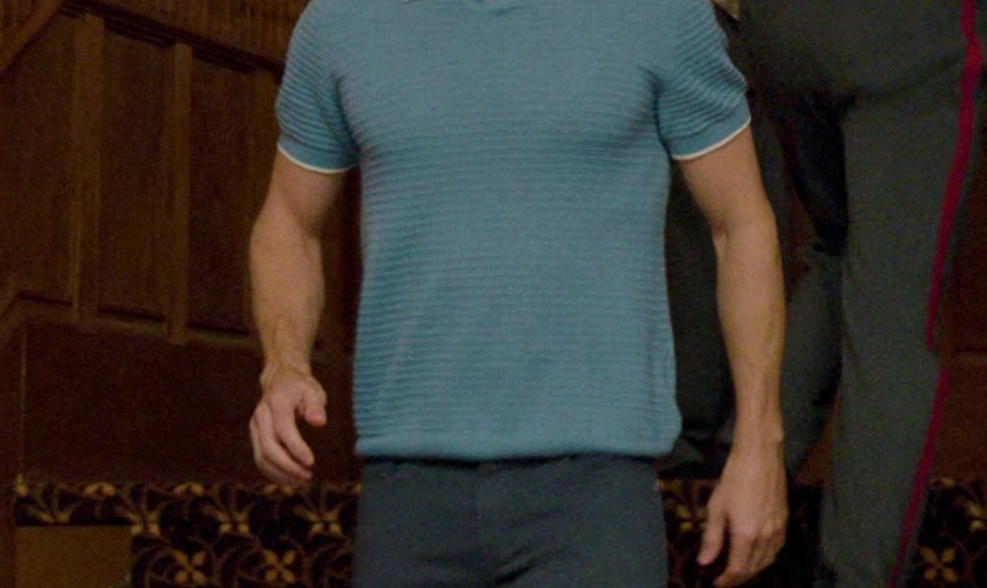 Blue Textured Stripe Polo Shirt Worn by Robbie Amell as Nathan Brown