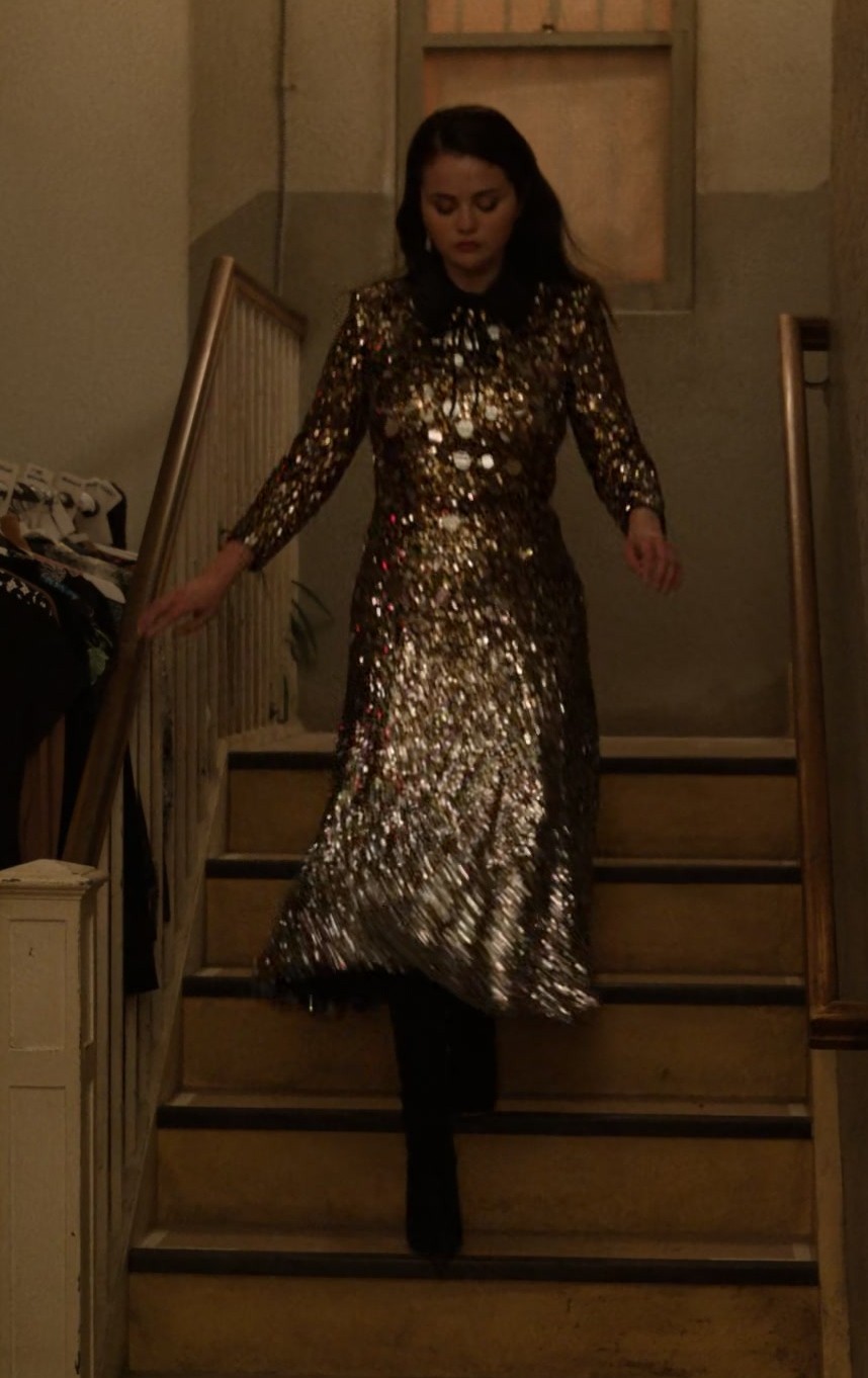 Worn on Only Murders in the Building TV Show - Sequin Long Sleeve Dress with Black Collar Worn by Selena Gomez as Mabel Mora