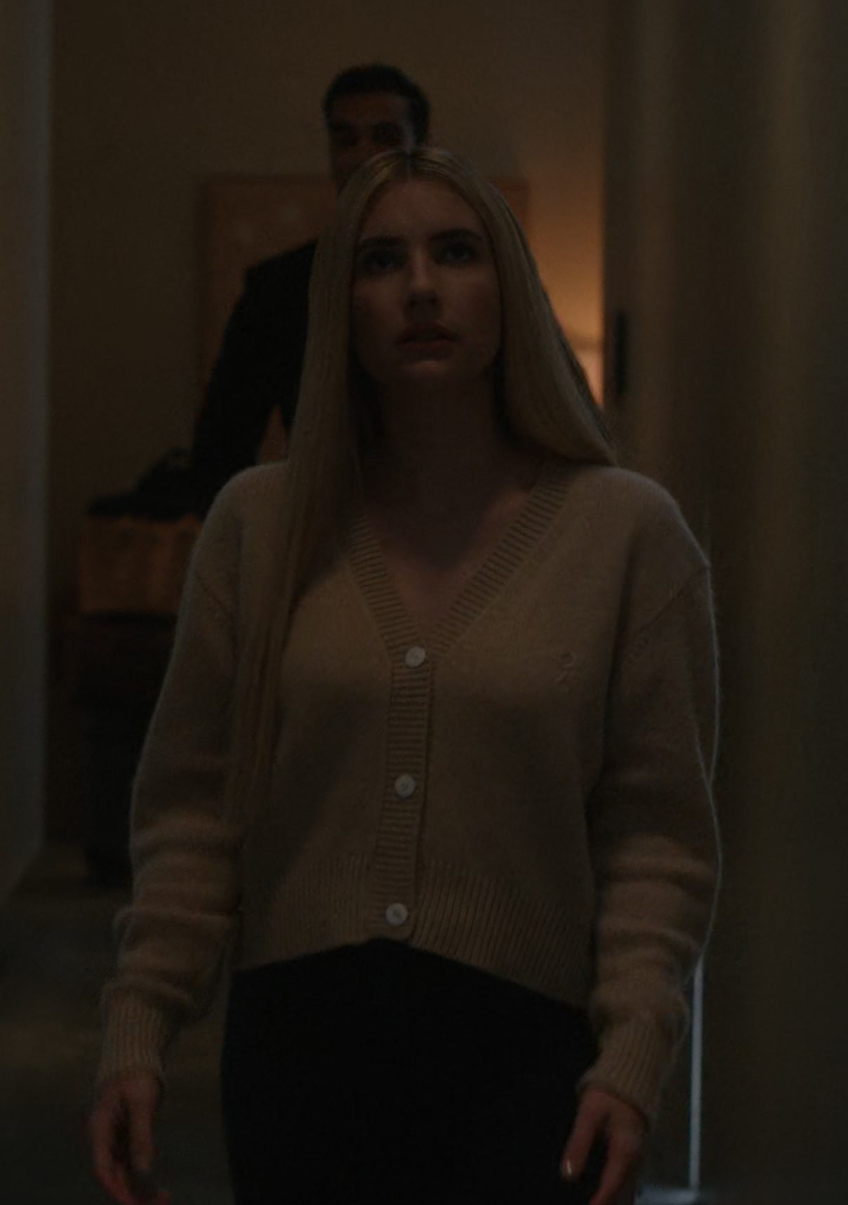 Worn on American Horror Story TV Show - Beige V-Neck Button-Up Cardigan of Emma Roberts as Anna Victoria Alcott