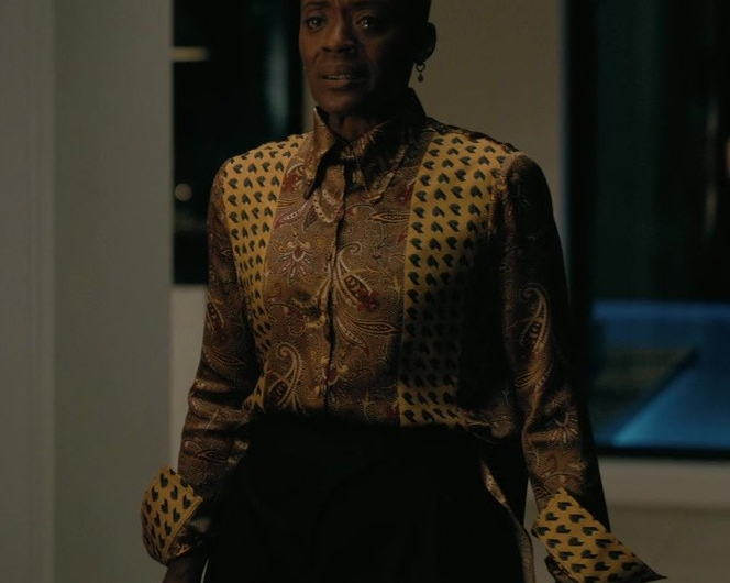 Vibrant Gold Pattern Silk Long Sleeve Shirt of T’Nia Miller as Victorine LaFourcade