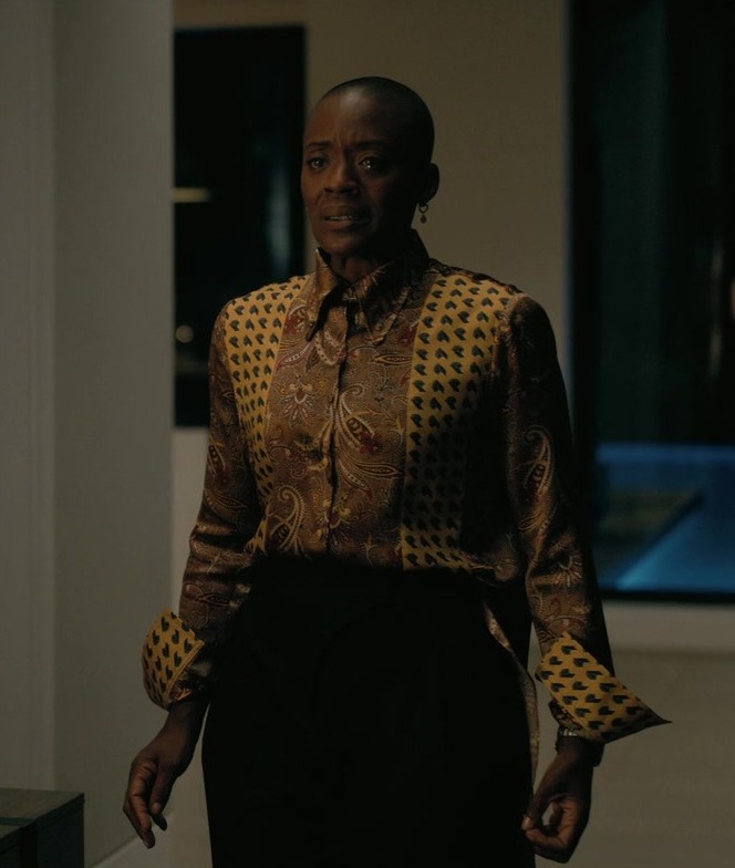 vibrant gold pattern silk long sleeve shirt - T'Nia Miller (Victorine LaFourcade) - The Fall of the House of Usher TV Show