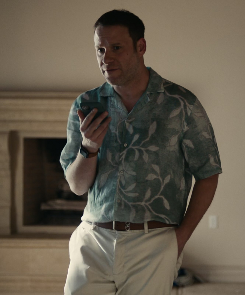 Tropical Leaf Print Casual Button-Down Short-Sleeve Shirt Worn by Seth Rogen as Gabe Plotkin from Dumb Money (2023) Movie