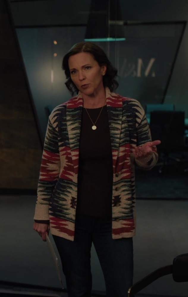 multicolor abstract pattern open front cardigan - Kelli Williams (Margaret Reed) - Found TV Show