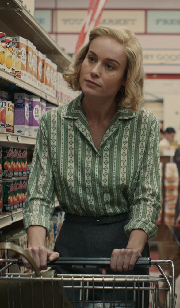 Vintage-Inspired Green Printed Collared Shirt Blouse of Brie Larson as Elizabeth Zott from Lessons in Chemistry TV Show