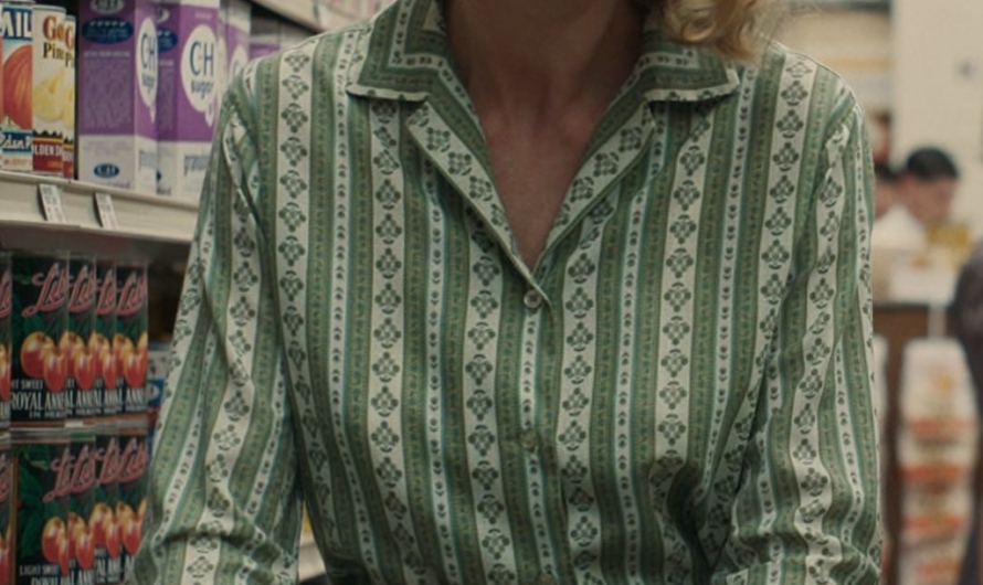 Vintage-Inspired Green Printed Collared Shirt Blouse of Brie Larson as Elizabeth Zott