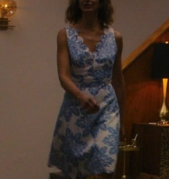 Worn on Shining Vale TV Show - Blue Floral Starflower Scalloped Dress Worn by Alysia Reiner as Kathryn