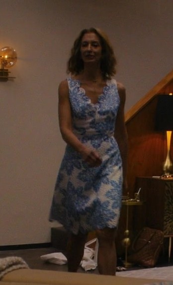 blue floral starflower scalloped dress - Alysia Reiner (Kathryn) - Shining Vale TV Show