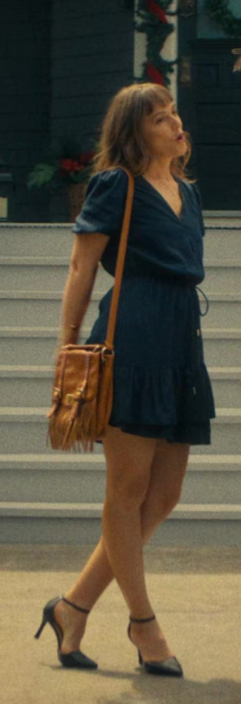 Navy Blue Cinched Waist Mini Dress with Short Flutter Sleeves of Leighton Meester as Ali Moyer from EXmas (2023) Movie
