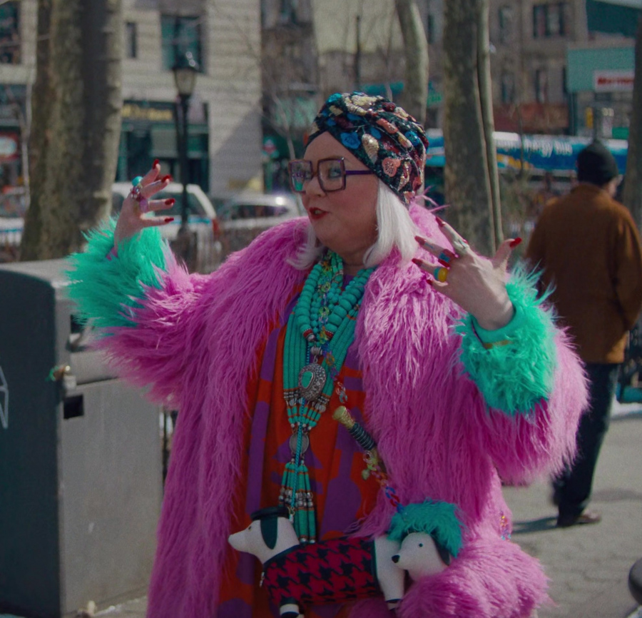 Vibrant Pink and Turquoise Faux Fur Coat Worn by Melissa McCarthy as Flora from Genie (2023) Movie