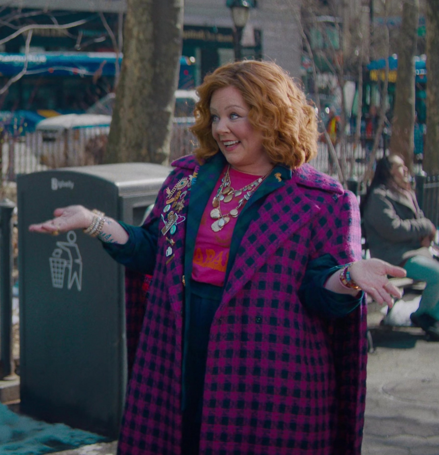 Fuchsia and Navy Blue Checkered Wool Coat of Melissa McCarthy as Flora