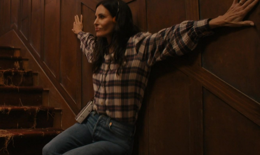Casual Plaid Flannel Button-Up Shirt of Courteney Cox as Patricia “Pat” Phelps