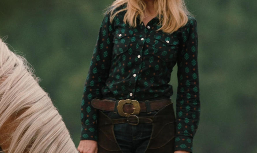 Green Patterned Western Button-Up Shirt Worn by Kelly Reilly as Bethany “Beth” Dutton