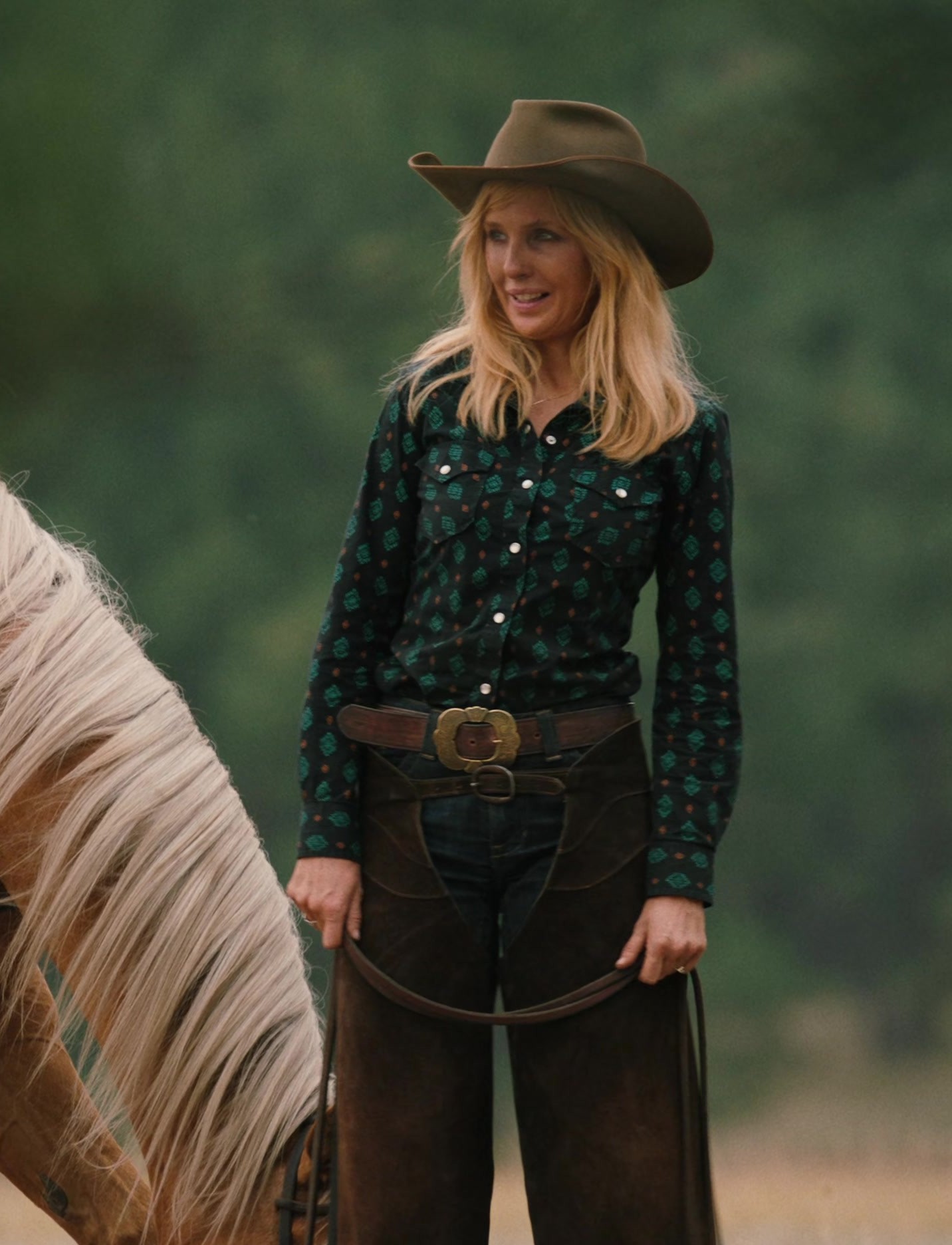 Worn on Yellowstone TV Show - Green Patterned Western Button-Up Shirt Worn by Kelly Reilly as Bethany "Beth" Dutton