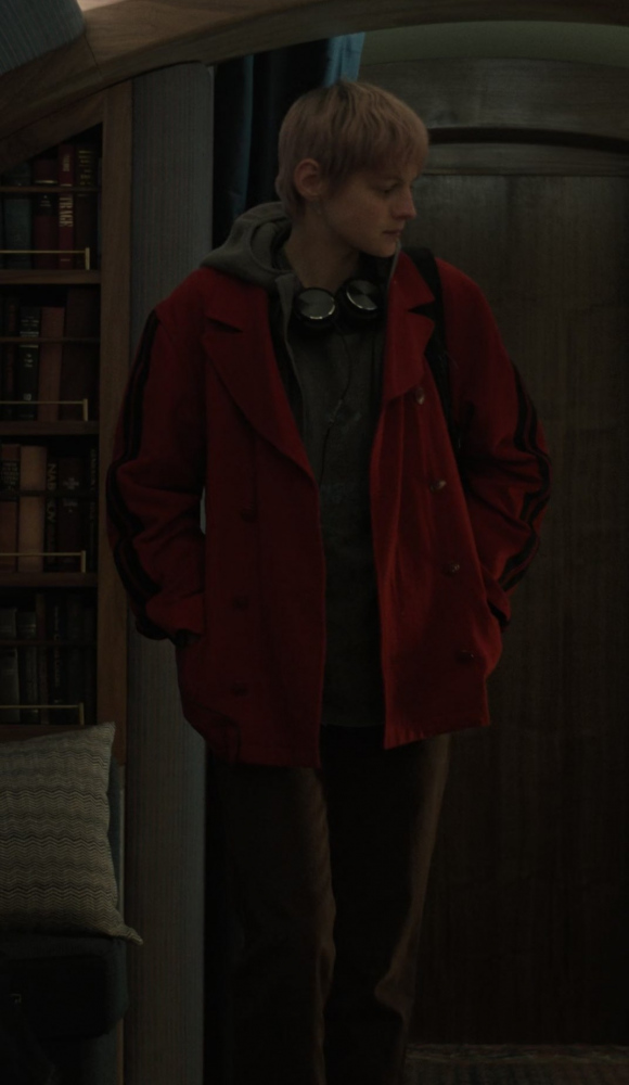 red coat jacket - Emma Corrin (Darby Hart) - A Murder at the End of the World TV Show