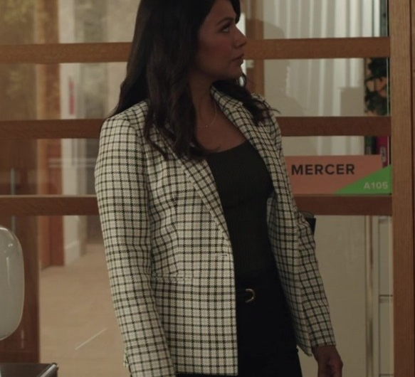 Classic Black and White Houndstooth Patterned Blazer Worn by Karen David as Rose Dinshaw