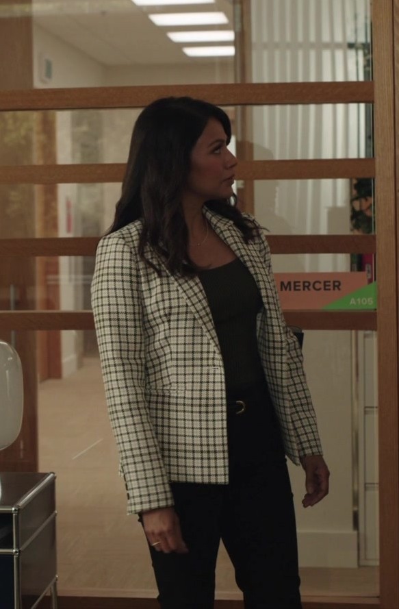 classic black and white houndstooth patterned blazer - Karen David (Rose Dinshaw) - The Irrational TV Show