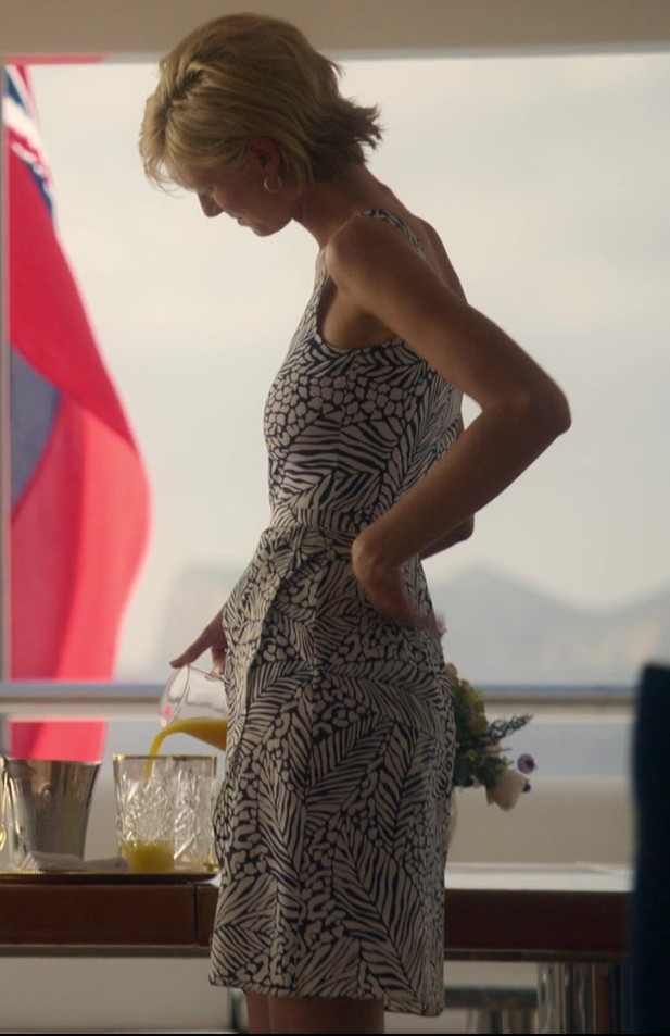 black and white geometric print sleeveless dress - Elizabeth Debicki (Princess Diana) - The Crown TV Show