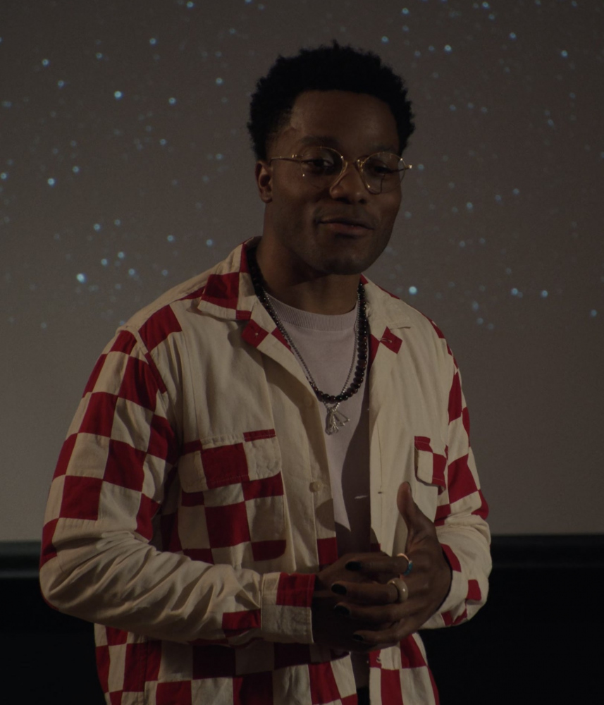 red and white checkered casual button-down shirt - Jermaine Fowler (Martin) - A Murder at the End of the World TV Show