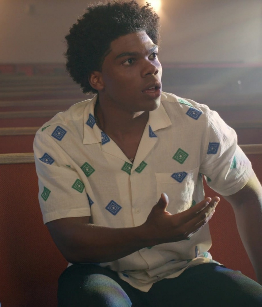 Geometric Diamond Patterns Shirt Worn by Spence Moore II as Merlin from Back on the Strip (2023) Movie
