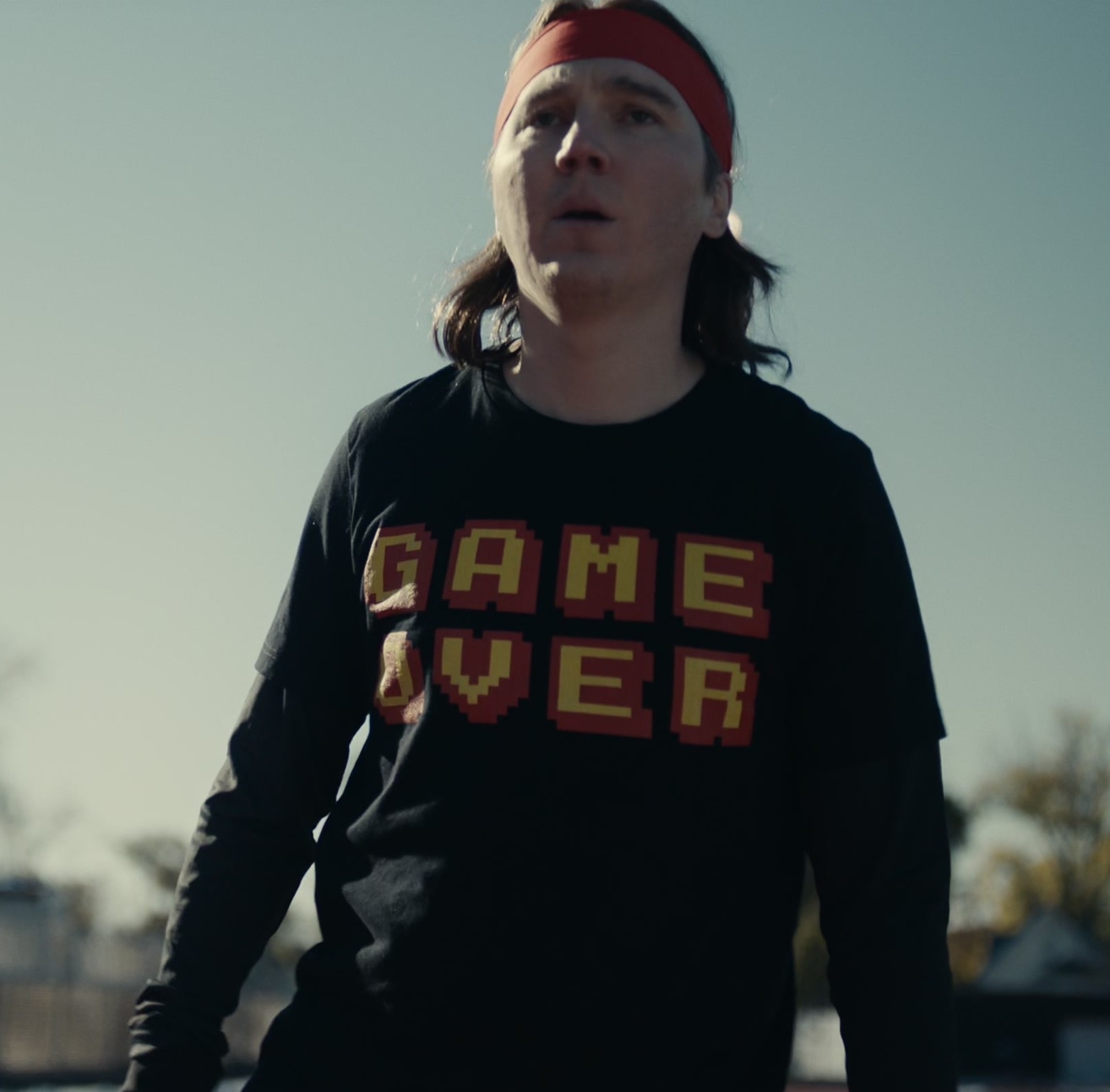 Worn on Dumb Money (2023) Movie - Game Over Logo T-Shirt Worn by Paul Dano as Keith Gill