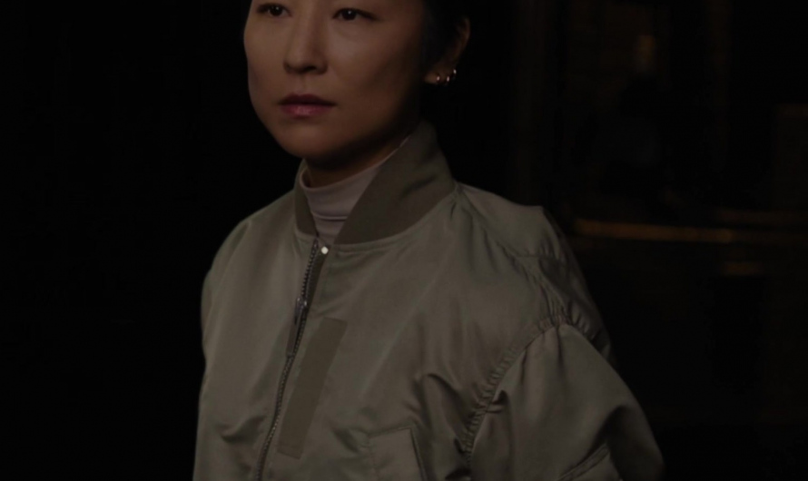 Satin Boxy Varsity Jacket with Ribbed-Knit Trims and Pockets Worn by Greta Lee as Stella Bak