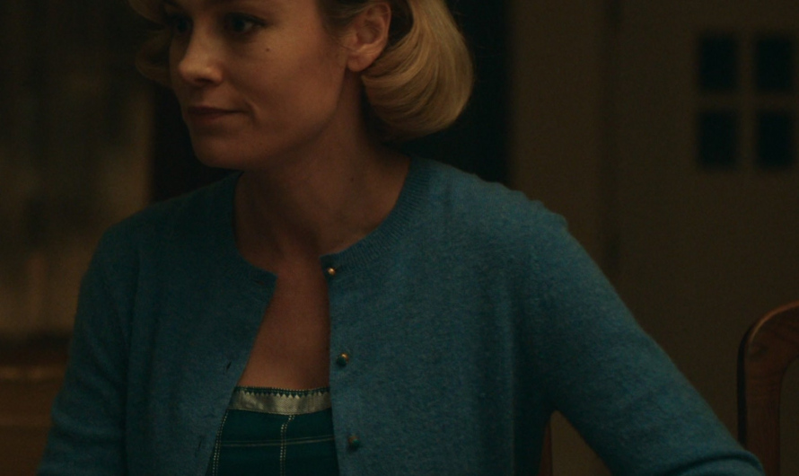 Teal Blue Button-Up Cashmere Cardigan Sweater of Brie Larson as Elizabeth Zott