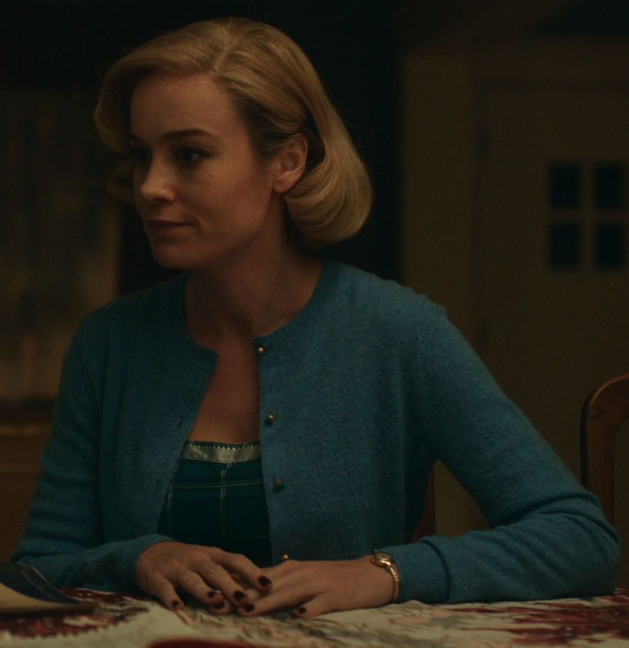 Teal Blue Button-Up Cashmere Cardigan Sweater of Brie Larson as Elizabeth Zott from Lessons in Chemistry TV Show