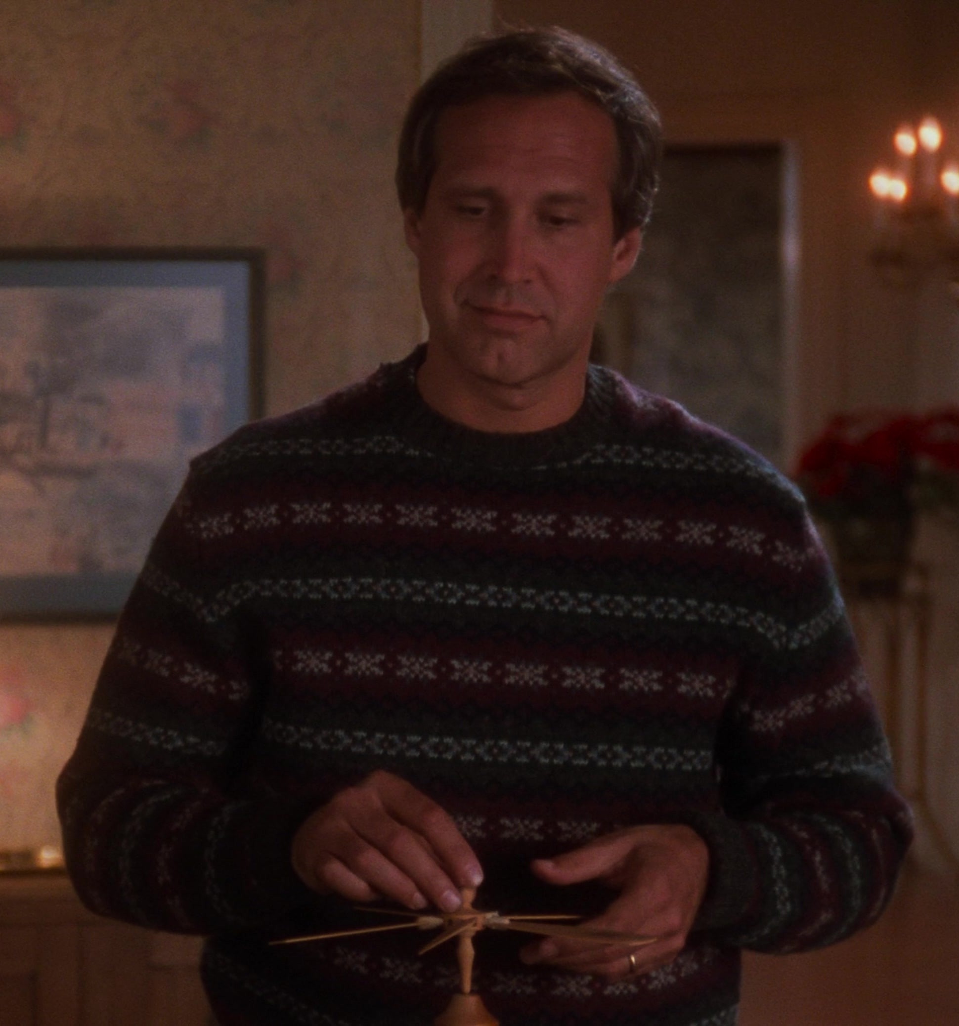Worn on National Lampoon's Christmas Vacation (1989) Movie - Snowflake Christmas Knit Sweater of Chevy Chase as Clark W. "Sparky" Griswold Jr.