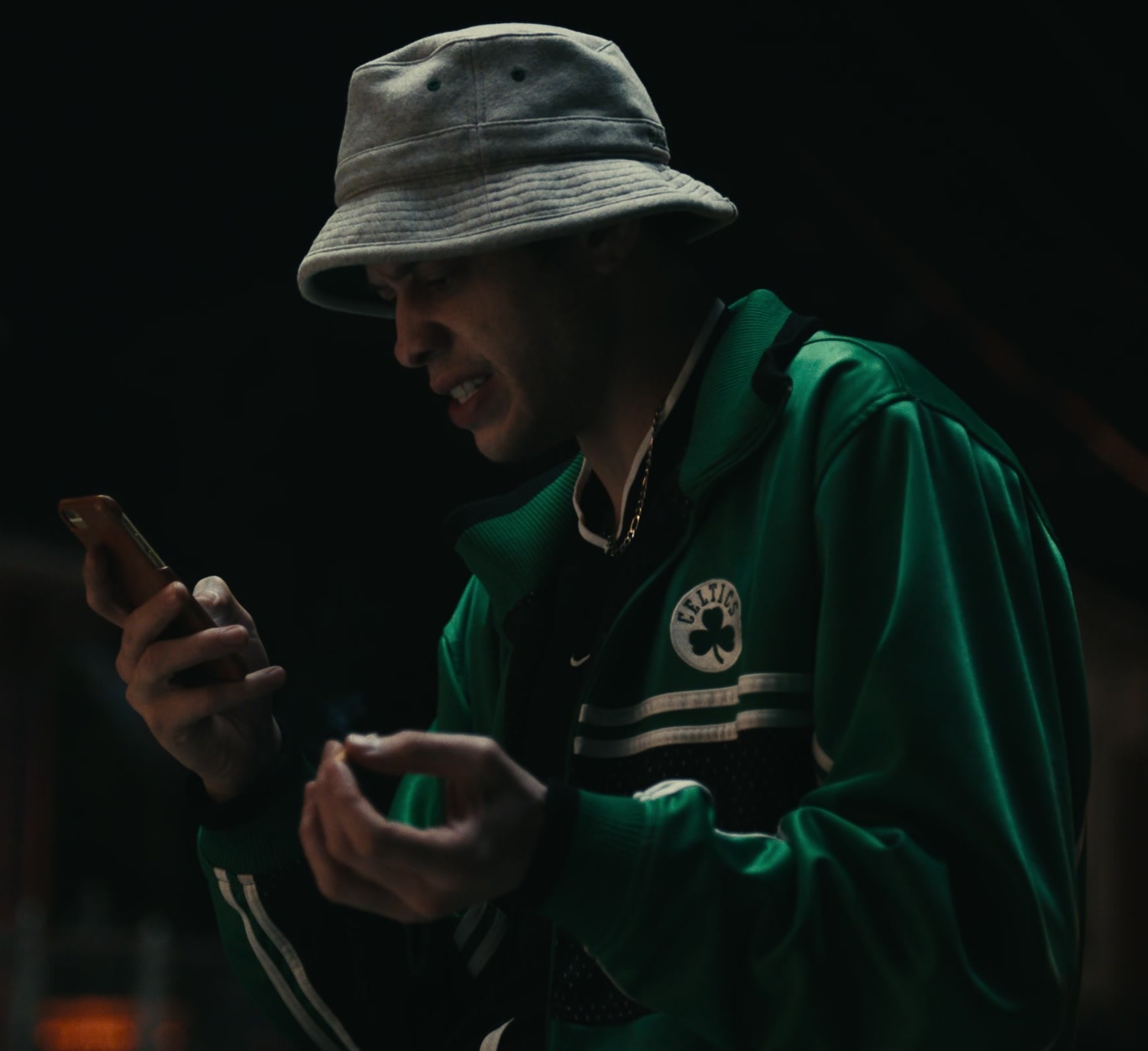 Worn on Dumb Money (2023) Movie - Green Track Jacket of Pete Davidson as Kevin Gill