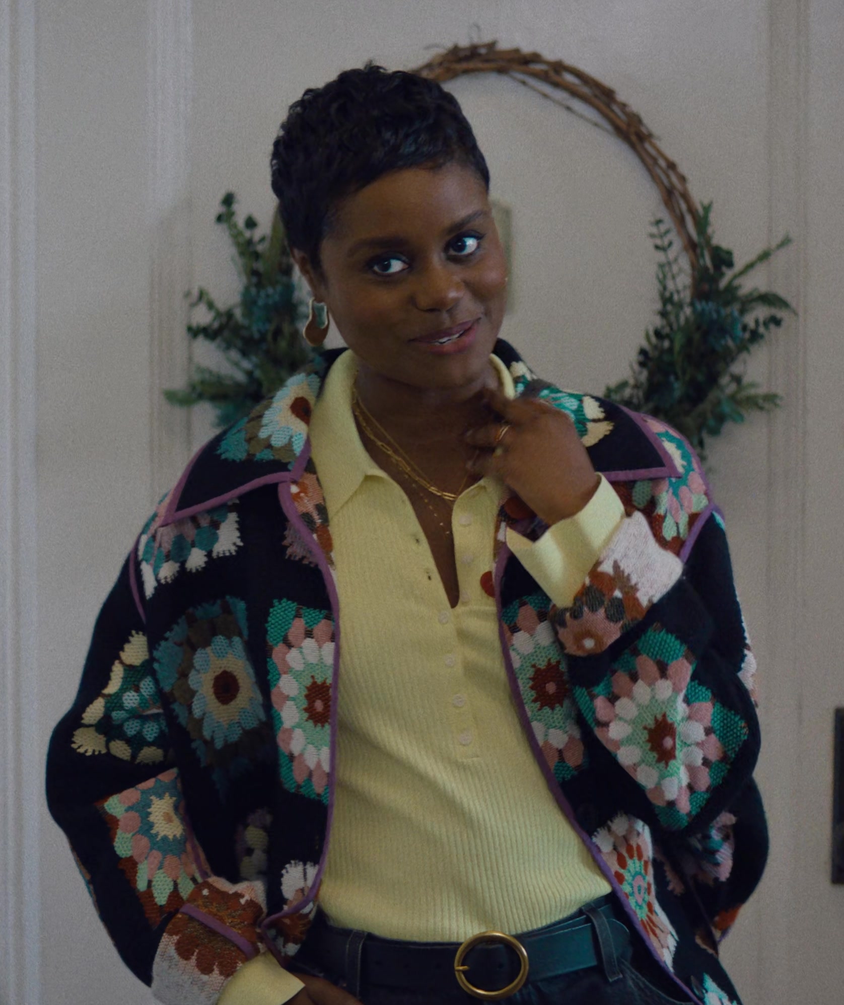 Worn on Genie (2023) Movie - Floral Print Knit Jacket of Denée Benton as Julie