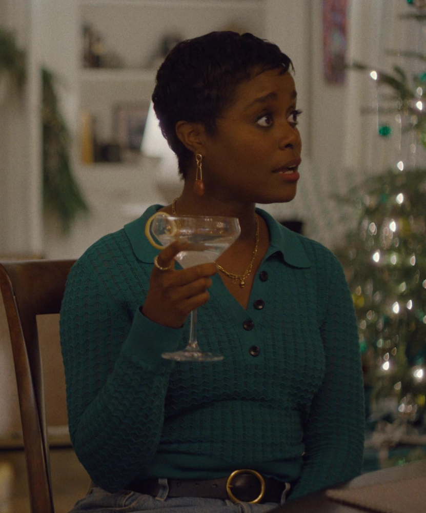 Teal Textured Knit Polo Shirt of Denée Benton as Julie from Genie (2023) Movie