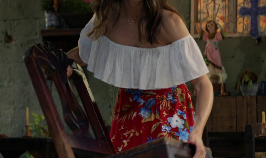 White Off-the-Shoulder Ruffled Crop Top Worn by Alison Brie as Claire Wellington